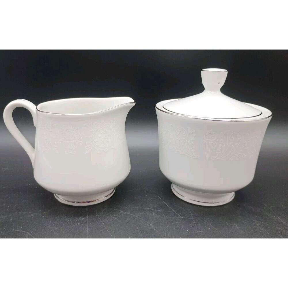 Crown Victoria LOVELACE Creamer & Sugar Bowl w/ Lid White Floral Platinum Trim
